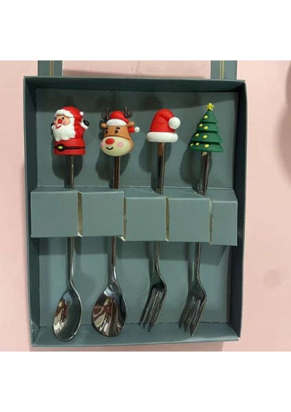 2/4/6 Adet Noel Çatal ve Kaşık Seti Paslanmaz Çelik Yaratıcı Sofra Takımı Kahve Çay Tatlı Çatal ve Kaşık Hediye Seti (Yurt Dışından)