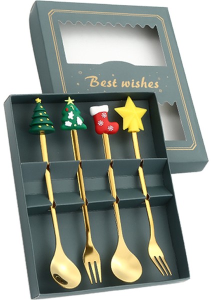 4/6 Adet Noel Çatal ve Kaşık Seti Paslanmaz Çelik Yaratıcı Sofra Takımı Kahve Çay Tatlı Çatal ve Kaşık Hediye Seti (Yurt Dışından)