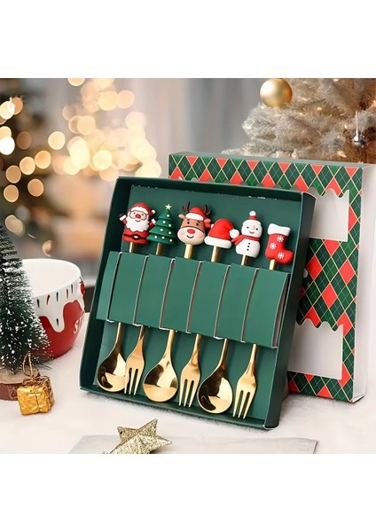 4/6 Adet Noel Çatal ve Kaşık Seti Paslanmaz Çelik Yaratıcı Sofra Takımı Kahve Çay Tatlı Çatal ve Kaşık Hediye Seti (Yurt Dışından) fiyatları
