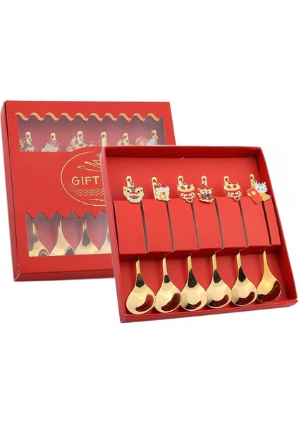4/6 Adet Çin Yeni Yılı Kaşık Çatal Seti Altın Gümüş Paslanmaz Çelik Sofra Takımı Zarif Kahve Çay Kaşığı Tatil Partisi Dekoru (Yurt Dışından)