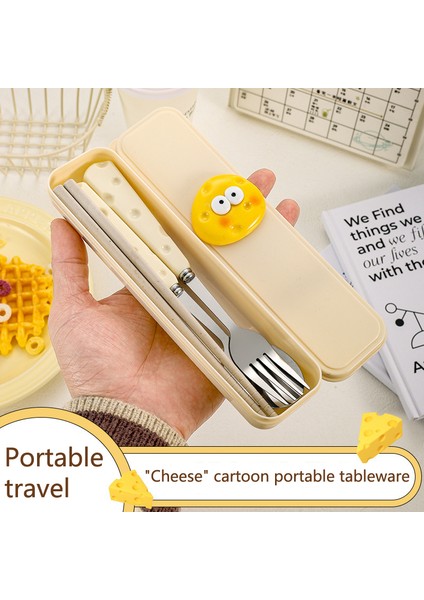 Paslanmaz Çelik Sevimli Peynir Kaşığı Çatal Buğday Çubukları Üç Parçalı Set Öğrenci Çocuklar Taşınabilir Sofra Takımı Saklama Kutusu Seti (Yurt Dışından)