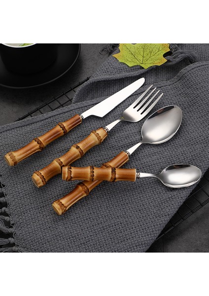 Bambu Saplı Sofra Takımı Biftek Bıçağı Çatal Kek Tatlı Kaşığı Paslanmaz Çelik Bıçak Çatal Kaşık Sofra Takımı Pratik Kolay Temizlenebilir (Yurt Dışından) fiyatları