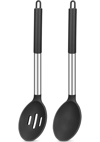 2 Adet Paslanmaz Çelik Saplı Silikon Pişirme Kaşığı Seti Salata Karıştırma Kaşığı Seti Yapışmaz Pişirme Aletleri Mutfak Gereçleri (Yurt Dışından)