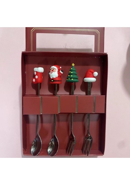 2/4/6 Adet Noel Çatal ve Kaşık Seti Paslanmaz Çelik Yaratıcı Sofra Takımı Kahve Çay Tatlı Çatal ve Kaşık Hediye Seti (Yurt Dışından)