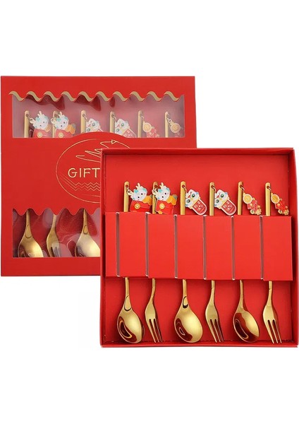 4/6 Adet Çin Yeni Yılı Kaşık Çatal Seti Altın Gümüş Paslanmaz Çelik Sofra Takımı Zarif Kahve Çay Kaşığı Tatil Partisi Dekoru (Yurt Dışından)