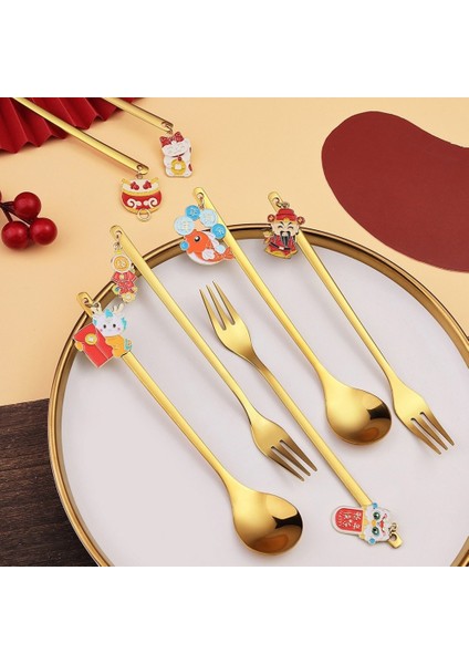 4/6 Adet Çin Yeni Yılı Kaşık Çatal Seti Altın Gümüş Paslanmaz Çelik Sofra Takımı Zarif Kahve Çay Kaşığı Tatil Partisi Dekoru (Yurt Dışından) fiyatları