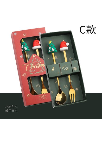 Adet Noel Çatal ve Kaşık Seti Paslanmaz Çelik Yaratıcı Sofra Takımı Kahve Çay Tatlı Çatal ve Kaşık Hediye Seti (Yurt Dışından)