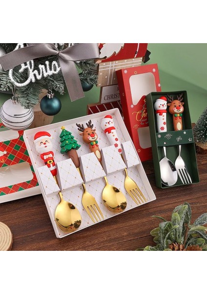 2/4/6 Parça Noel Çatal ve Kaşık Seti Paslanmaz Çelik Yaratıcı Sofra Takımı Kahve Çay Tatlı Çatal ve Kaşık Hediye Seti (Yurt Dışından) modelleri