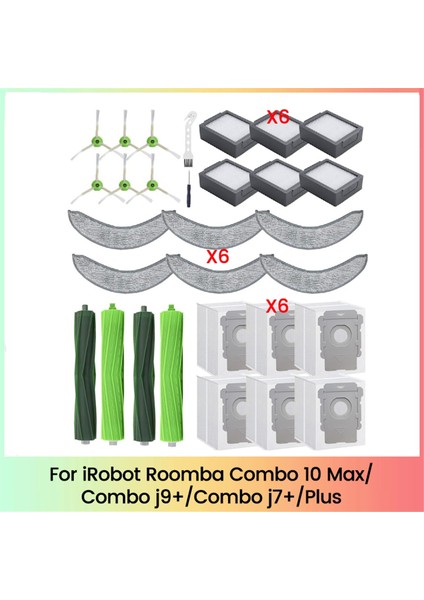 Irobot Roomba Combo 10 Max, Combo J9+, Combo J7+/plus Vakum Parçaları Kauçuk Fırçalar Paspas Filtreleri Yan Fırça Toz Torbaları (Yurt Dışından)