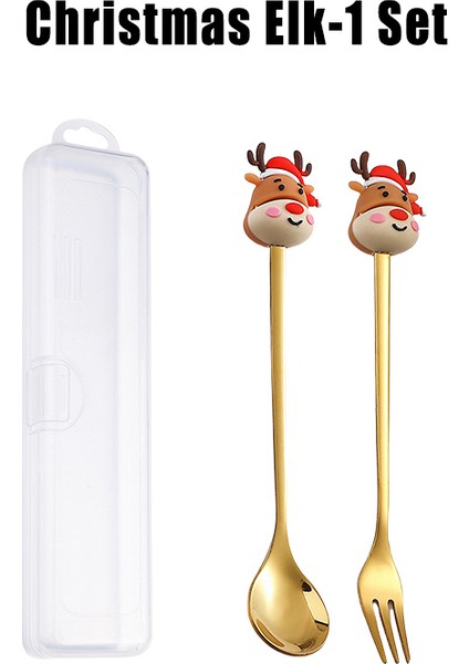 Paslanmaz Çelik Noel Tatlı Çatal Seti Sevimli Bebek Tatlı Kaşığı Karikatür Sofra Takımı Meyve Çatalı Taşınabilir Kahve Kaşığı Çatal Bıçak Takımı (Yurt Dışından)