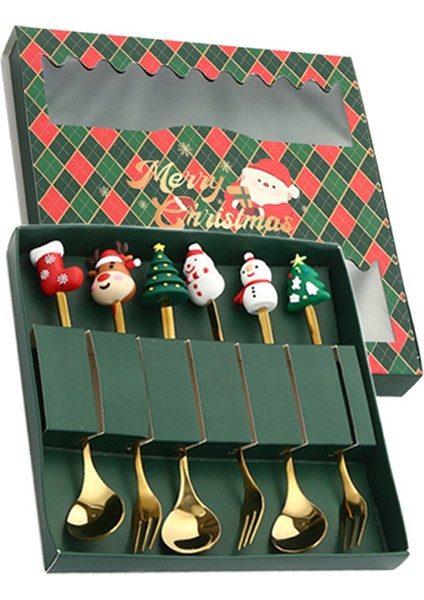 4/6 Adet Noel Çatal ve Kaşık Seti Paslanmaz Çelik Yaratıcı Sofra Takımı Kahve Çay Tatlı Çatal ve Kaşık Hediye Seti (Yurt Dışından)