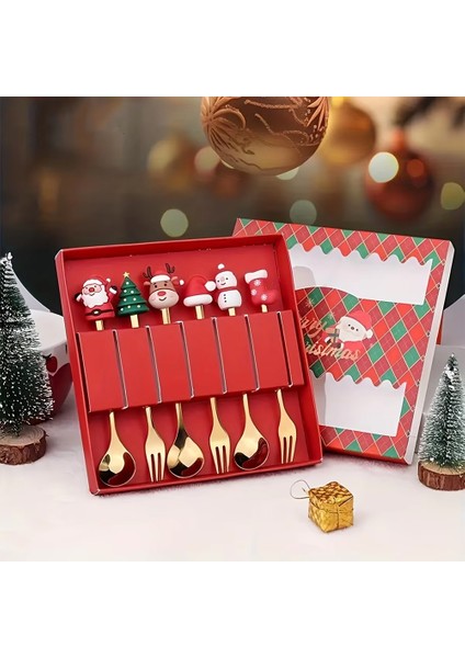 4/6 Adet Noel Çatal ve Kaşık Seti Paslanmaz Çelik Yaratıcı Sofra Takımı Kahve Çay Tatlı Çatal ve Kaşık Hediye Seti (Yurt Dışından) modelleri