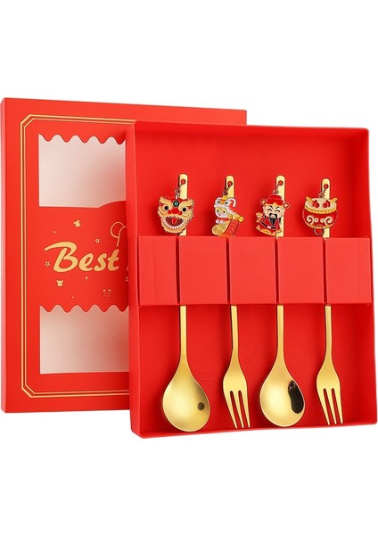 4/6 Adet Çin Yeni Yılı Kaşık Çatal Seti Altın Gümüş Paslanmaz Çelik Sofra Takımı Zarif Kahve Çay Kaşığı Tatil Partisi Dekoru (Yurt Dışından)