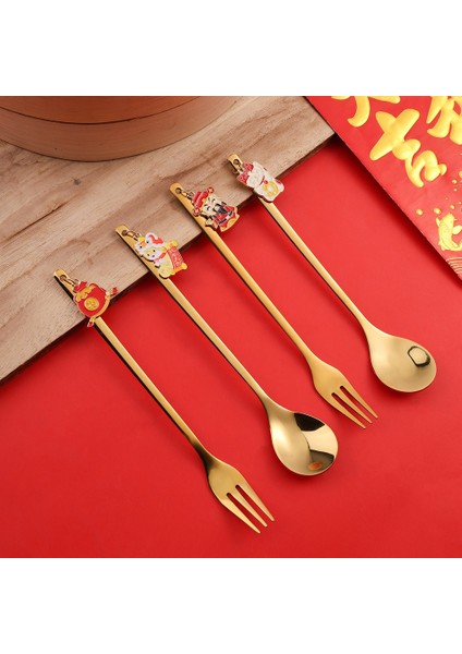 4/6 Adet Çin Yeni Yılı Kaşık Çatal Seti Altın Gümüş Paslanmaz Çelik Sofra Takımı Zarif Kahve Çay Kaşığı Tatil Partisi Dekoru (Yurt Dışından) modelleri
