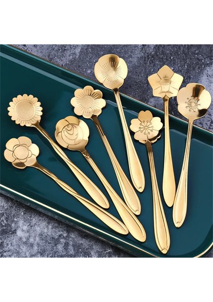 8 Adet Paslanmaz Çelik Kiraz Gül Çiçek Altın Kepçe Kahve Kaşığı Hediyeler Mutfak Tatlı Çay Aksesuarları Sofra Dekorasyon Seti (Yurt Dışından)