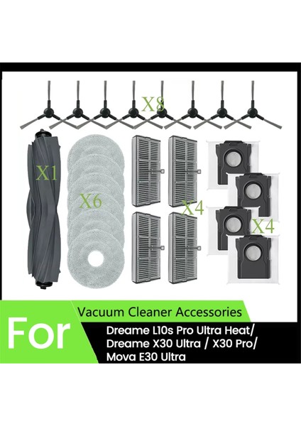 Dreame L10S Pro Ultra Heat RLL82CE/X30 Ultra/mova E30 Ultra Vakum Parçaları Için 23 Adet Ana Yan Fırça Filtre Paspas Toz Torbası (Yurt Dışından)