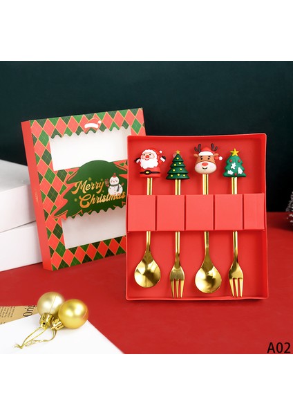 4 Adet Noel Kahve Kaşık Çatal Seti Elk Noel Çatal Bıçak Takımı Ağaç Dekoru Tatlı Kepçesi Meyve Çatalı Kahve Kaşığı Noel Hediyeleri (Yurt Dışından)