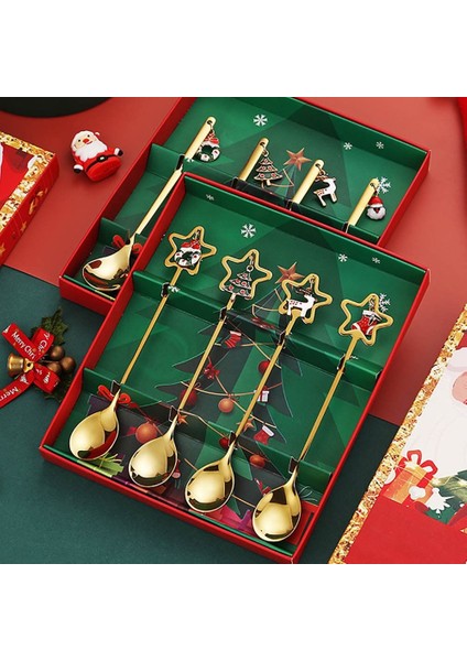 4 Adet Yaratıcı 410 Paslanmaz Çelik Noel Kaşığı Noel Ağacı Süsleme Meyve Çatalı Noel Tatlı Kaşığı Elk Kahve Kaşığı (Yurt Dışından) fırsatları