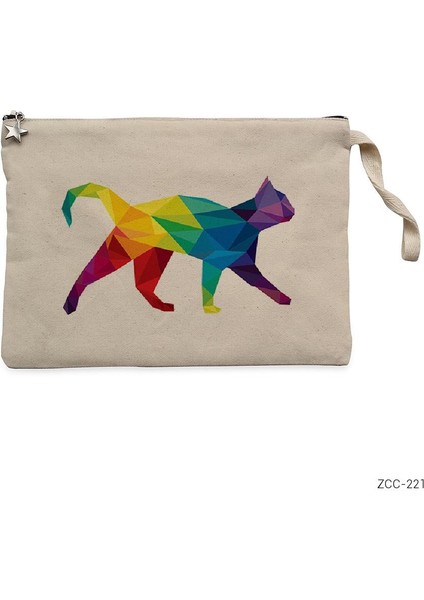 Gökkuşağı Polygon Kedi Krem Clutch Astarlı Cüzdan / El Çantası