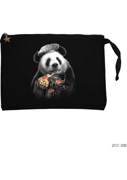 Panda Pizza Siyah Clutch Astarlı Cüzdan / El Çantası