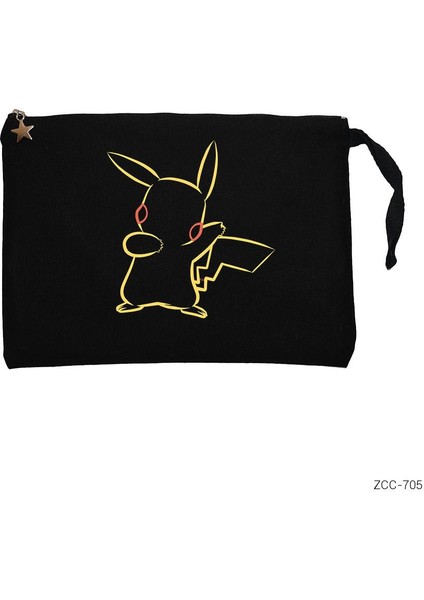 Pokemon Pikachu Line Siyah Clutch Astarlı Cüzdan / El Çantası