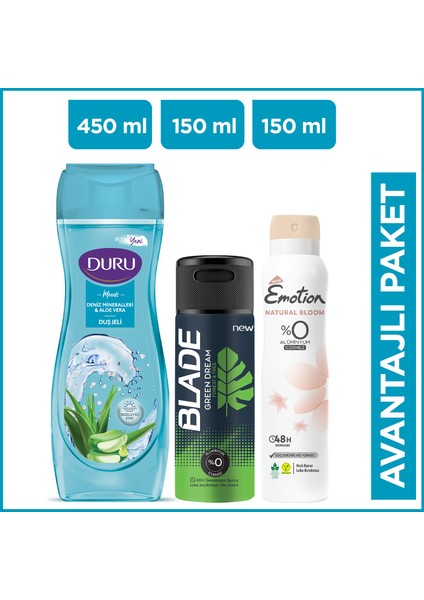 Moods Deniz Mineralleri İle Aloe Vera Duş Jeli 450 ml + Blade Green Dream Erkek Deodorant 150 ml + Emotion Natural Bloom Kadın Deodorant 150 ml