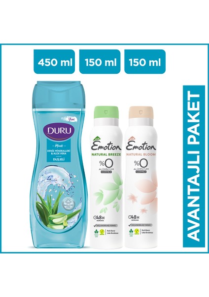 Natural Bloom & Breeze Kadın Deodorant 2X150 ml+ Duru Moods Deniz Mineralleri Duş Jeli 450 ml