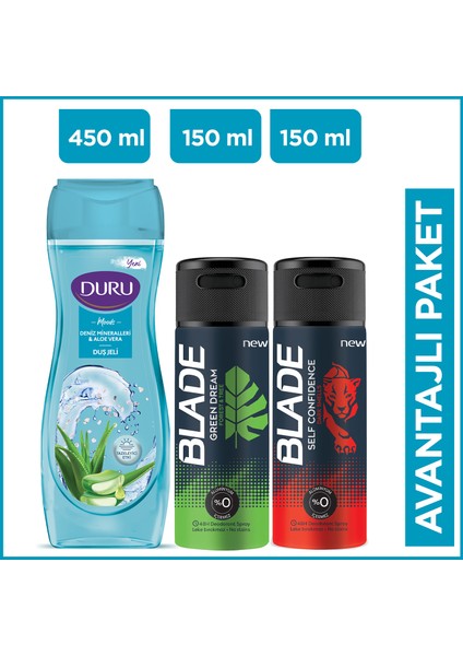 Moods Deniz Mineralleri Duş Jeli 450 Ml+Blade Green Dream & Self Confidince Erkek Deo 2X150 ml
