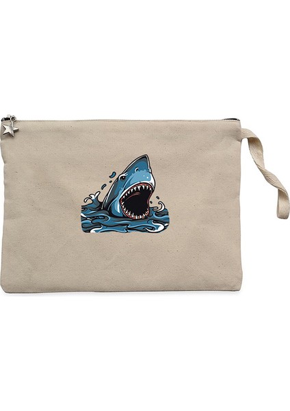 Shark Cartoon Krem Clutch Astarlı Cüzdan / El Çantası