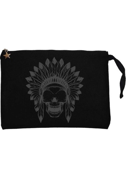 Kızılderili Skull Siyah Clutch Astarlı Cüzdan / El Çantası