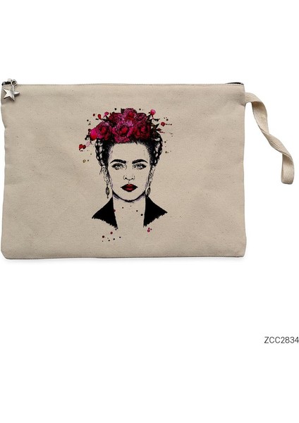 Frida Kahlo Portre - 7 Krem Clutch Astarlı Cüzdan / El Çantası