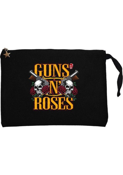 Guns N Roses Text Skull Siyah Clutch Astarlı Cüzdan / El Çantası