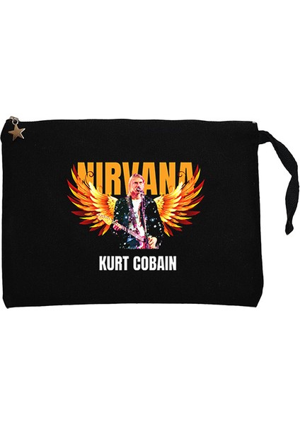 Nirvana Kurt Cobain Guitar Angel Siyah Clutch Astarlı Cüzdan / El Çantası