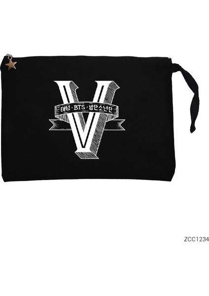 Bts V Retro Logo Siyah Clutch Astarlı Cüzdan / El Çantası