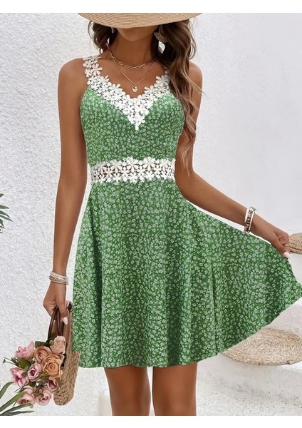 Kadın Askılı Dantel Yakalı Çiçek Desenli Süprem Elbise