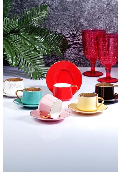 Renkli porselen kahve fincan takımı, 6 kişilik, yaldızlı, parlak ve şık tasarım