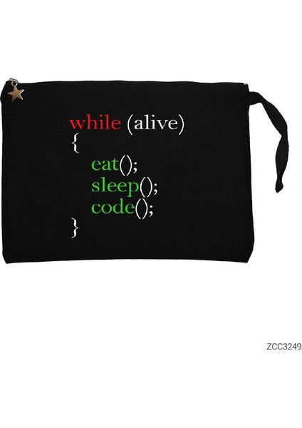 Eat Sleep Code Yazılımcı Siyah Clutch Astarlı Cüzdan / El Çantası
