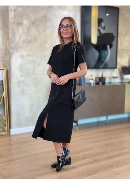 Kadın Kısa Kollu Bisiklet Yakalı Cepli Önden Yırtmaçlı Viskon Iki Iplik Midi Elbise indirimleri