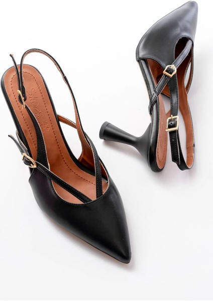 4962 Siyah Sivri Burun Tokalı Yuvarlak Topuk Kadın Sandalet modelleri