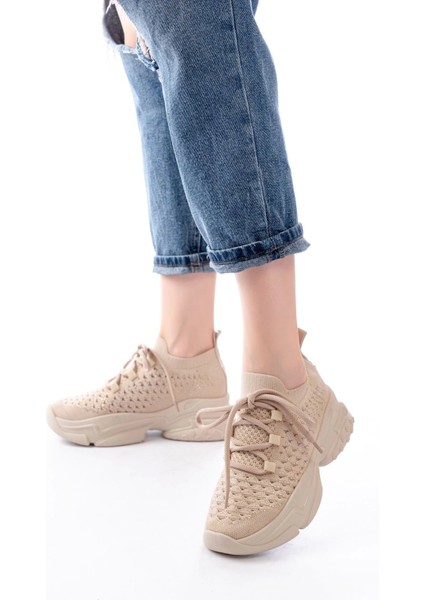 SP-2024 Bej Günlük Bağcıklı Fileli Taş Aksesuarlı Kadın Spor Ayakkabı