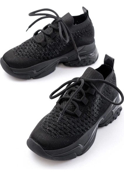 SP-2024 Siyah Günlük Bağcıklı Fileli Taş Aksesuarlı Kadın Spor Ayakkabı fiyatları