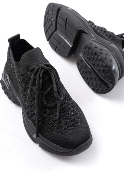 SP-2024 Siyah Günlük Bağcıklı Fileli Taş Aksesuarlı Kadın Spor Ayakkabı modelleri