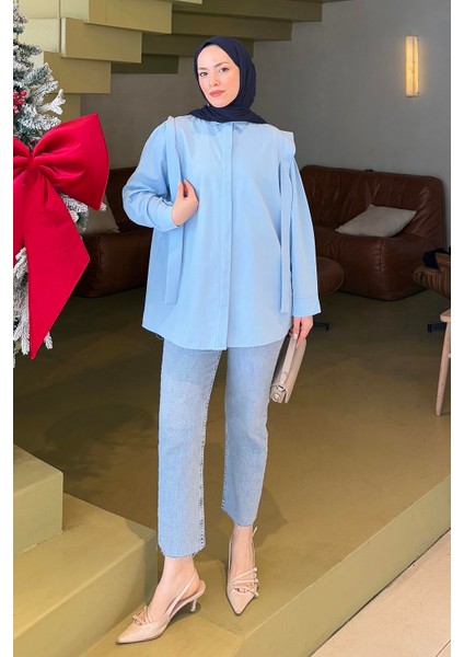 Omuz Vatka Detaylı Tesettür Gömlek Bebe Mavisi