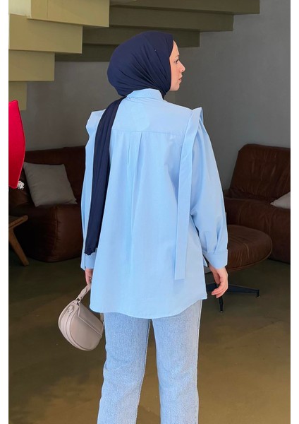 Omuz Vatka Detaylı Tesettür Gömlek Bebe Mavisi fırsatları