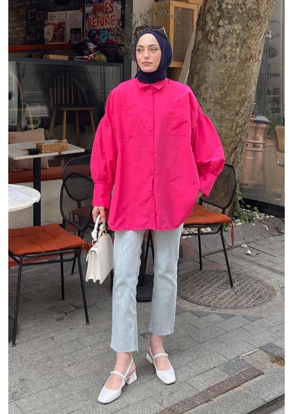 Kol Bağlama Detaylı Oversize Gömlek Fuşya