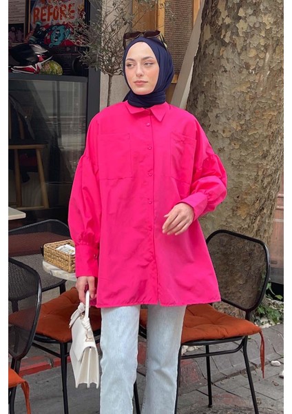Kol Bağlama Detaylı Oversize Gömlek Fuşya