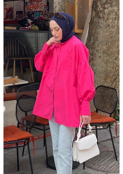 Kol Bağlama Detaylı Oversize Gömlek Fuşya