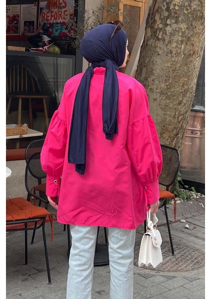 Kol Bağlama Detaylı Oversize Gömlek Fuşya