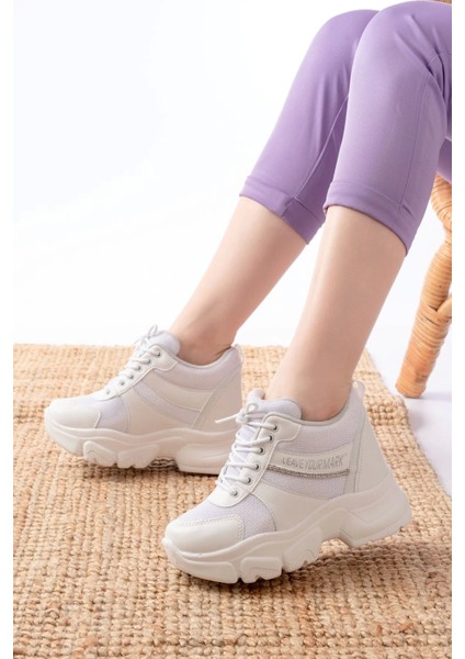 F-209 Beyaz Bağcıklı Fileli Taş Aksesuarlı Günlük Spor Ayakkabı