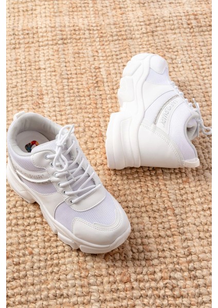 F-209 Beyaz Bağcıklı Fileli Taş Aksesuarlı Günlük Spor Ayakkabı modelleri